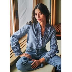 Sezane Kelly Chambray button down embroidered ruffle shirt size 36